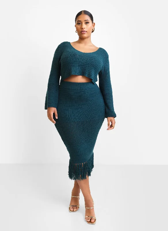 trendy oversized tulle skirts -Jina Crochet Tassel Hem Midi Bodycon Skirt - Teal