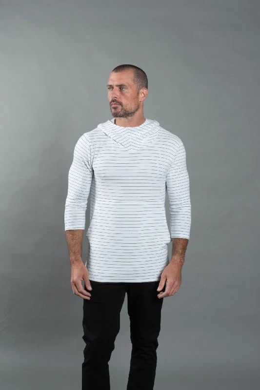 casual hoodies everyday -Men's 3/4 Sleeve Cowl Neck Visor Hoodie - White & Navy Thin Stripe