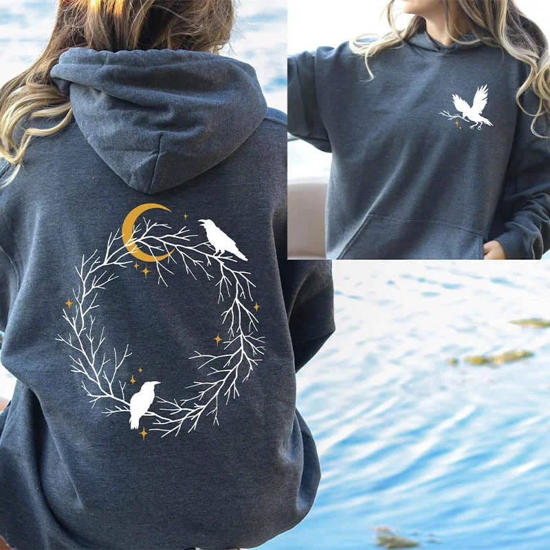 workout style hoodies -Retro Celestial Bird And Moon Hoodie