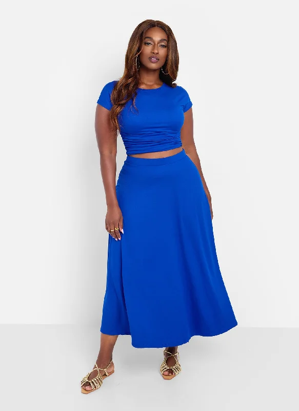 bold striped A-line skirts -Essential Cotton A Line Midi Skirt - Blue