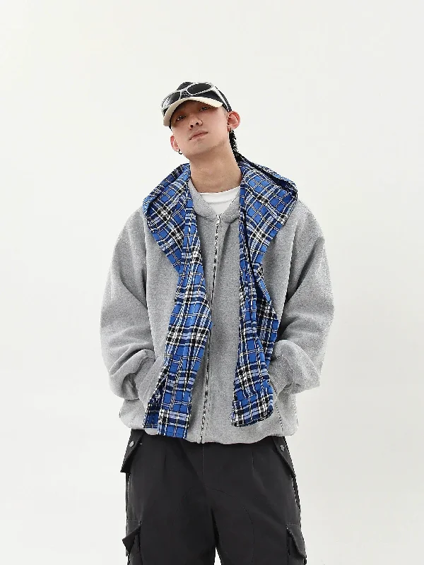 glow hoodies raves -Plaid Layered Zip-Up Hoodie