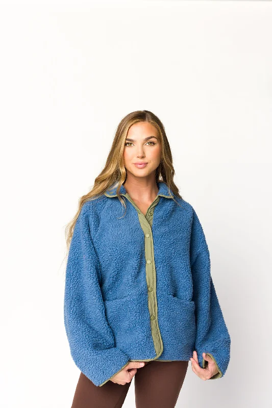 shearling windbreaker jackets -Skylar Reversible Jacket in Sea Blue