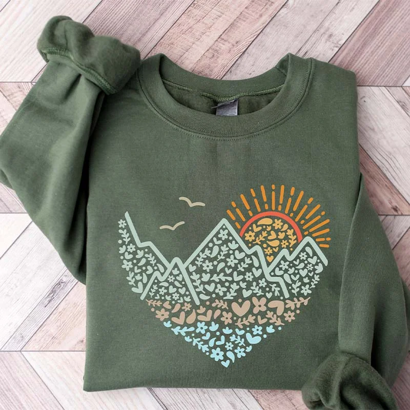 oversized sweatshirts for women -Mountain Heart Sunset Camping Sweatshirt