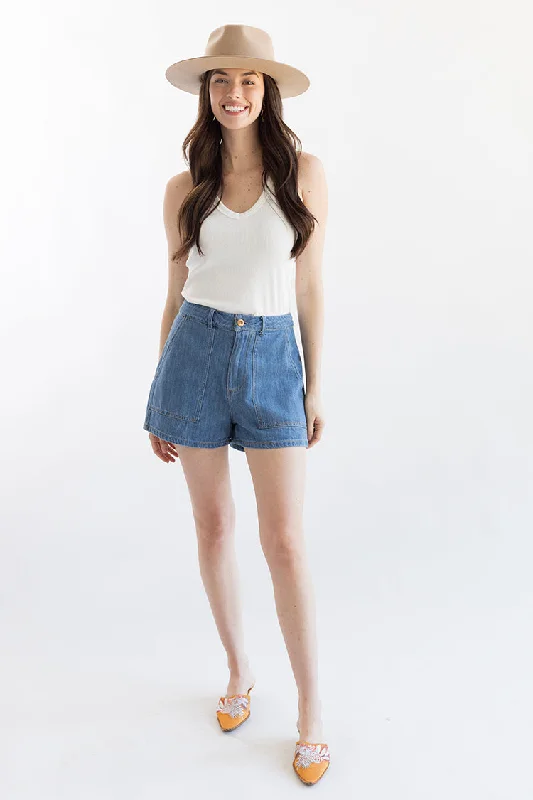 soft bamboo shorts -Trouser Denim Shorts with Tan Stitching