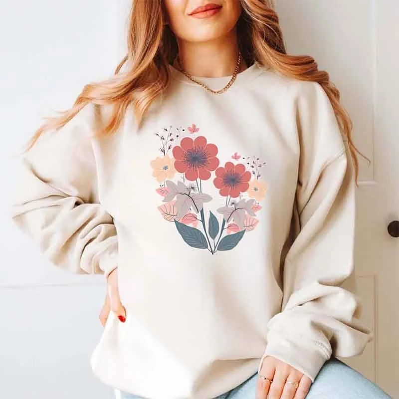 glow-in-the-dark sweatshirts -Vintage Fairy core Flowers Boho Sweatshirt