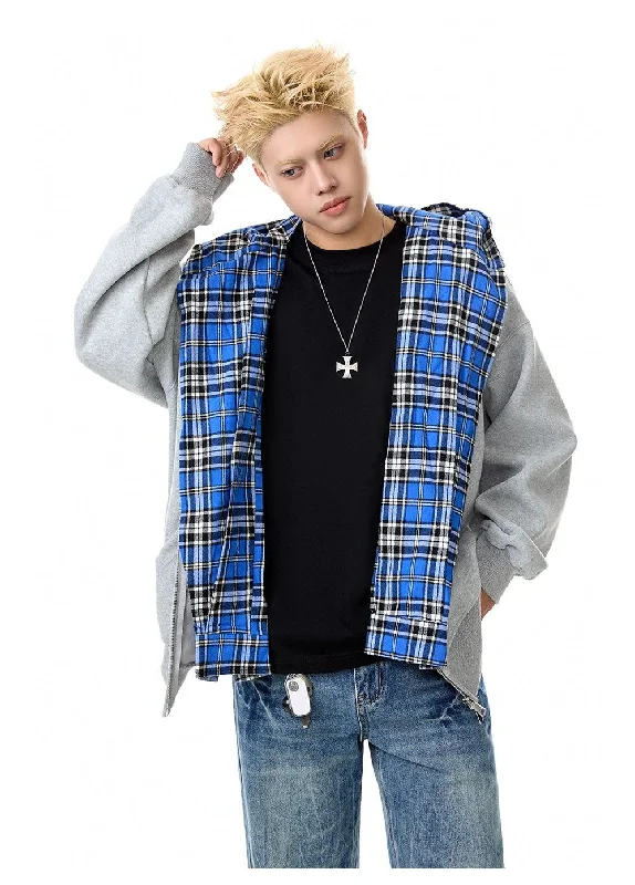 family pattern hoodies -Double-Layer Plaid Zip-Up Hoodie