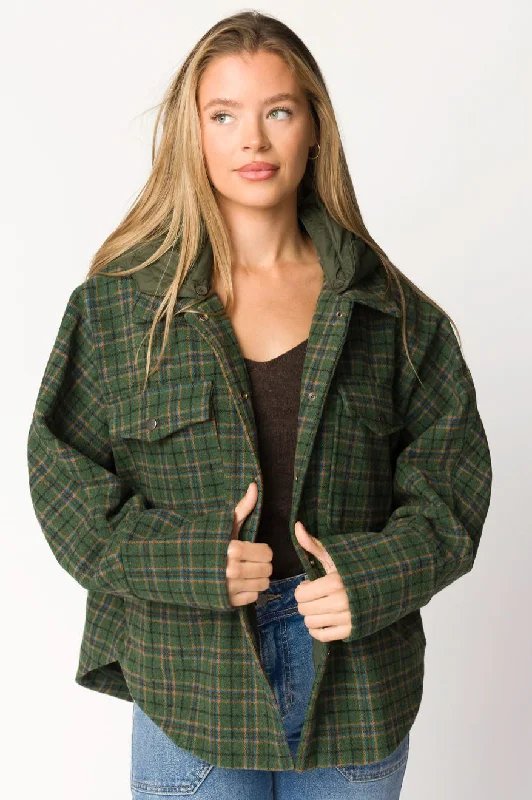 waterproof varsity jackets -Jilly Plaid Jacket with Detachable Hood in Evergreen