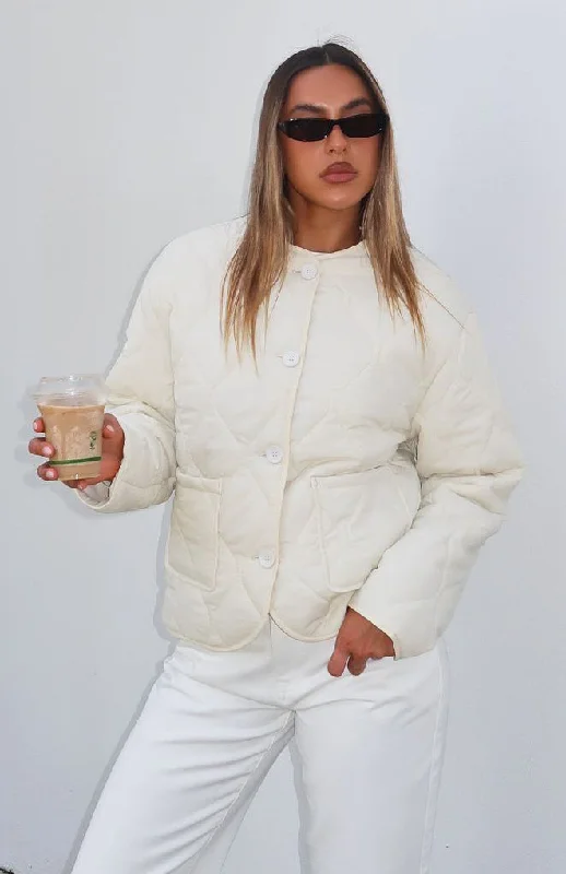 cropped fleece jackets -Lost At Night Quilted Jacket Cream