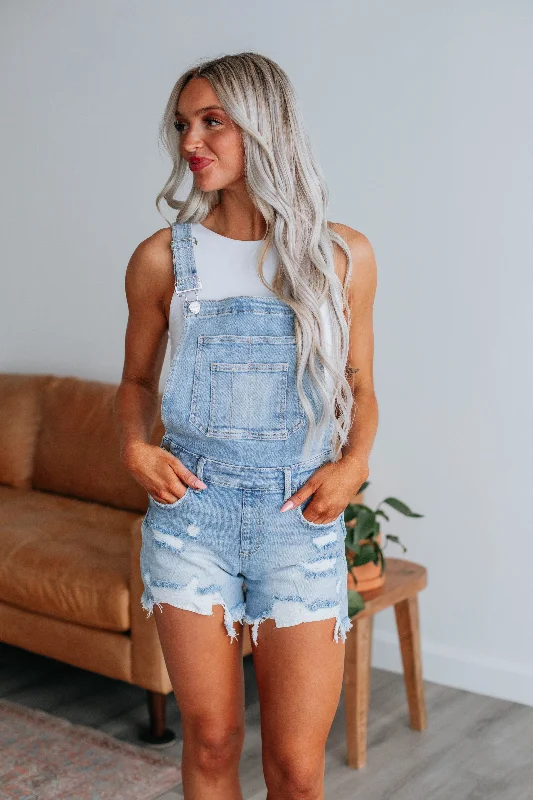 bold checkered denim shorts -Gemini Risen Short Overalls - Light Wash