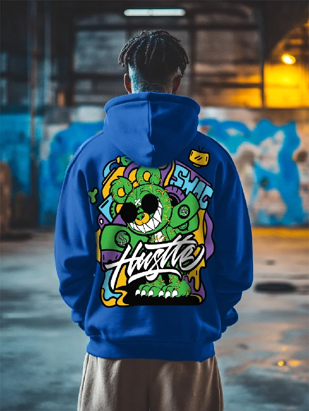 cool art hoodies -Hustle Blue Oversized Back Graphic Printed Hoodie