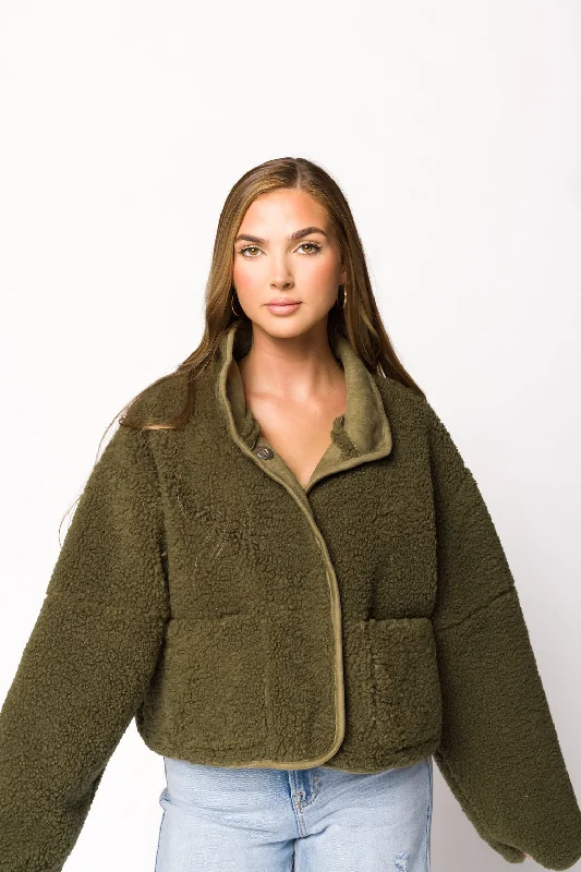 warm trench jackets -Abby Sherpa and Suede Reversible Jacket in Olive