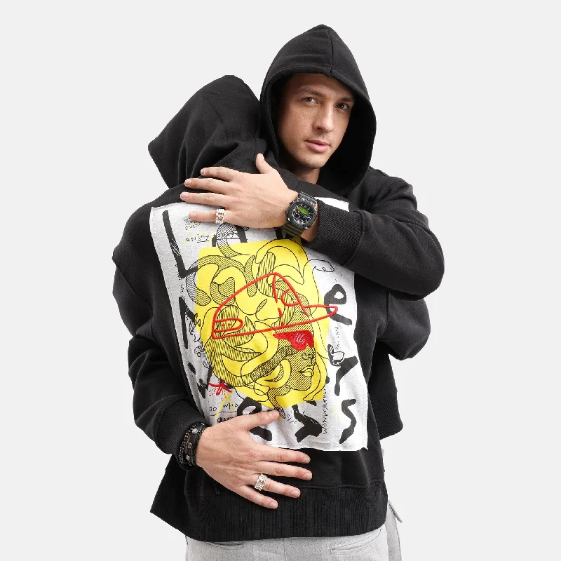 rainbow graphic hoodies -Medusa Oversized Fleece Applique Hoodie in Black