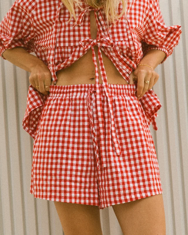 minimalist slim denim shorts -Matilda Shorts | Red Gingham