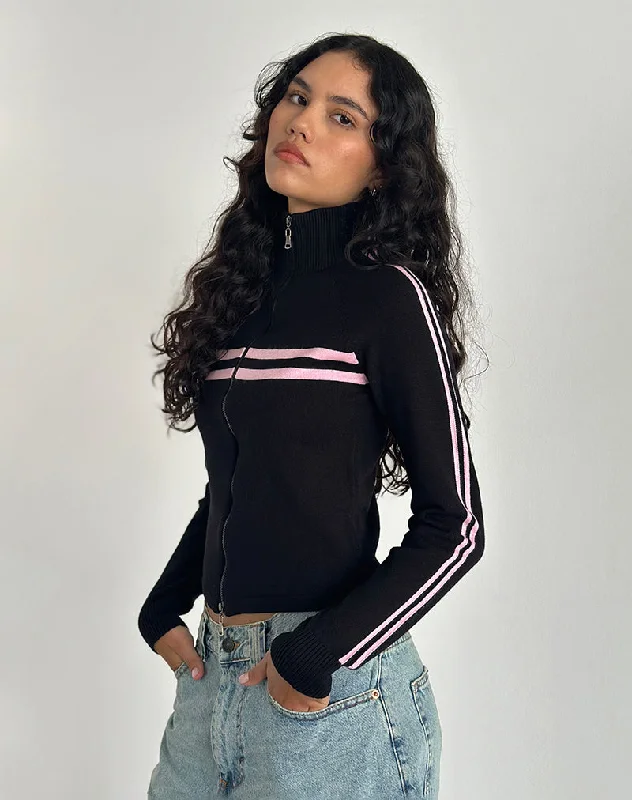 softshell varsity jackets -Talisa Zip Through Jacket in Black with Pink Stripe