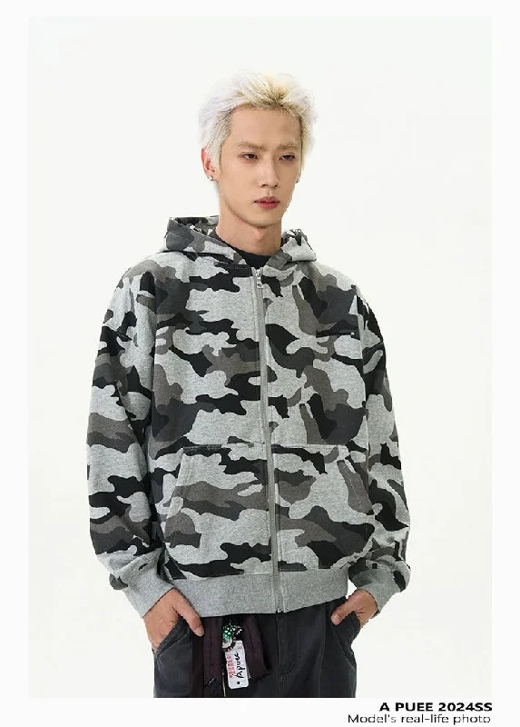 rainbow pattern hoodies -Cozy Camouflage Zip-Up Hoodie