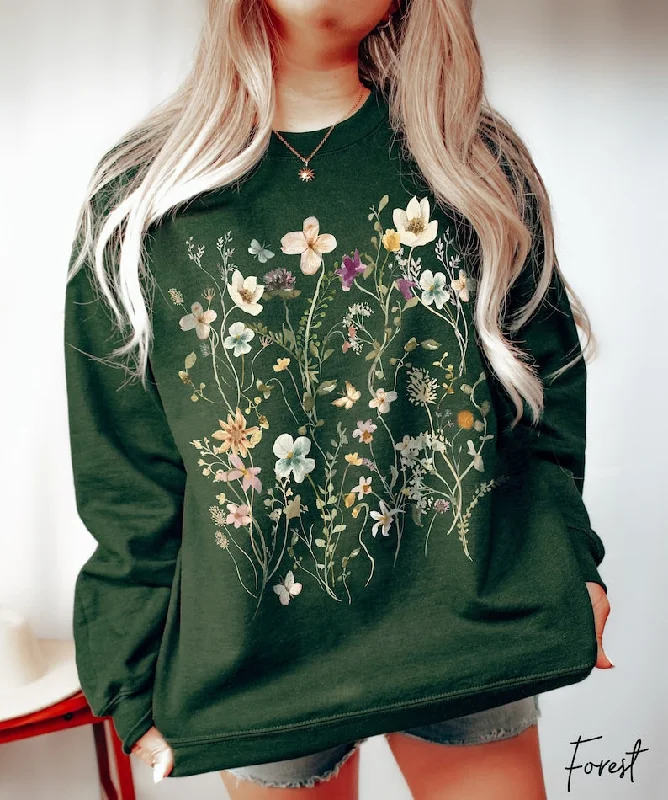 minimalist vibe sweatshirts -Vintage Pressed Flowers Sweatshirt Oversized Wildflowers Sweatshirt