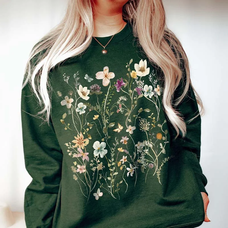 trendy sweatshirts for teens -Vintage Pressed Fairycore Flowers Sweatshirt