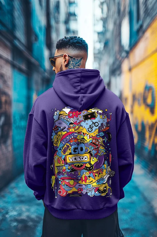 rock vibe hoodies -Doodle Purple Oversized Chest Graphic Printed Hoodie