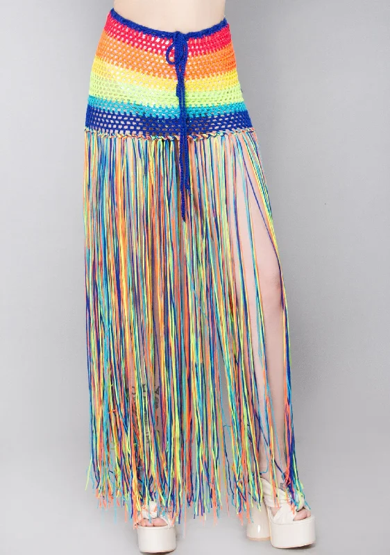 soft bamboo asymmetrical skirts -Rainbow Thrillz Crochet Fringe Skirt