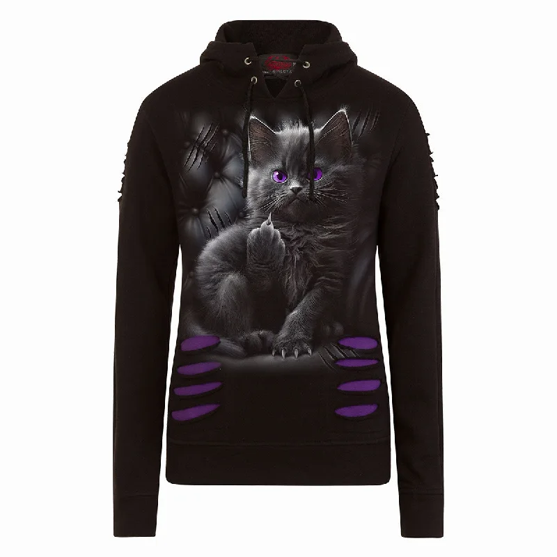 tropical hoodies hawaiian -CATTITUDE - Large Hood Ripped Hoody Purple-Black