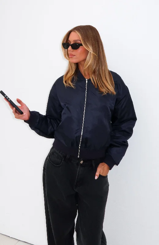 tailored fleece jackets -Walk On Out Bomber Jacket Navy