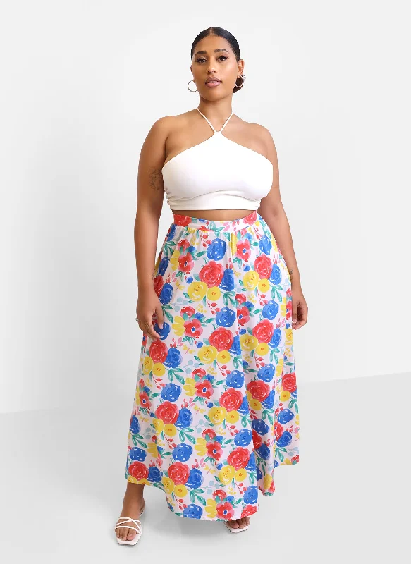 breathable cotton denim skirts -Alana Floral Skater Skirt w. Pockets