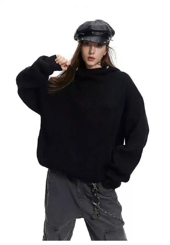 rock trend hoodies -Drawstring Piled Collar Knitted Hoodie