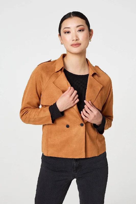 stylish suede jackets -Suede Texture 3/4 Sleeve Cropped Trench Coat