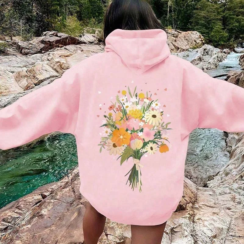 rainbow trend hoodies -Women's Loose Floral Print Hoodie