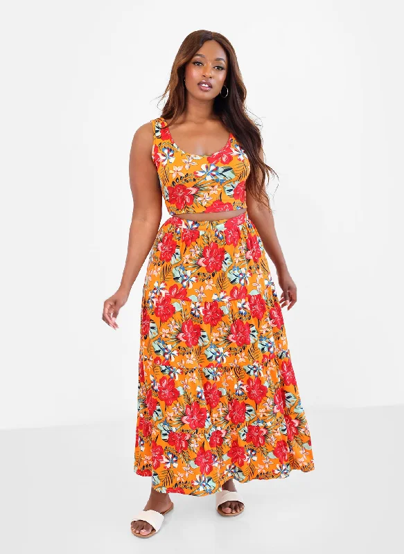 bold floral A-line skirts -Nakia Tropical Print Skater Maxi Skirt