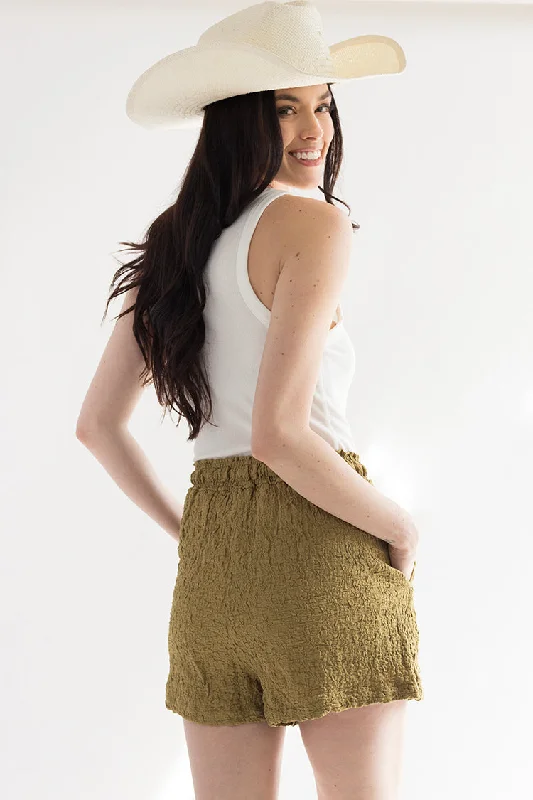 breathable cotton blend shorts -Olive Textured Shorts with Elastic Waist Band