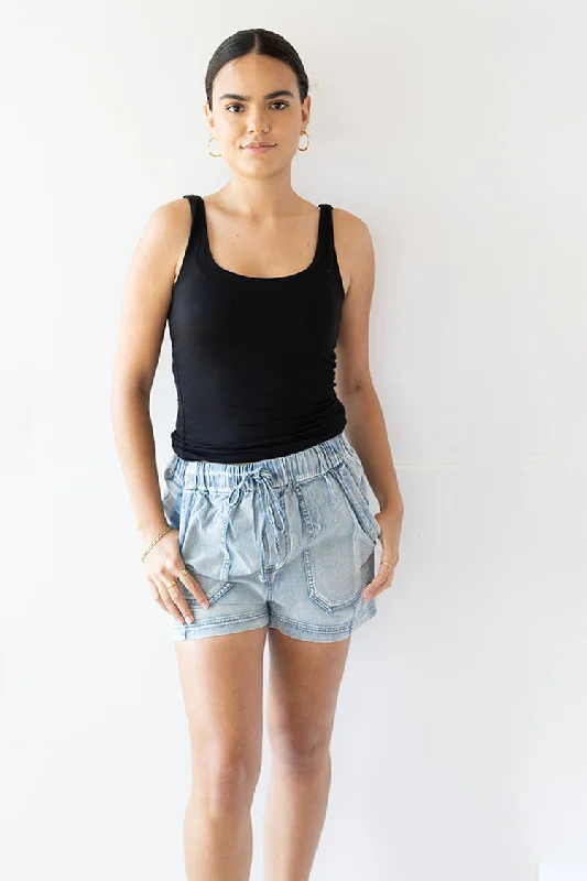 warm fleece-lined shorts -Chambray Denim Drawstring Shorts