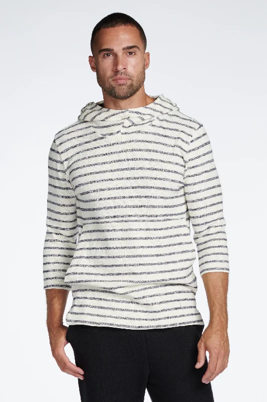 graphic hoodies for men -Men's Cambridge 3/4 Sleeve Cowl Neck Visor Hoodie Sweater -  Slub Jersey Navy/Cream Stripe