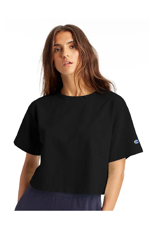 chic v-neck muscle t-shirts -Champion Womens Heritage Cropped Short Sleeve Crewneck T-Shirt - Black