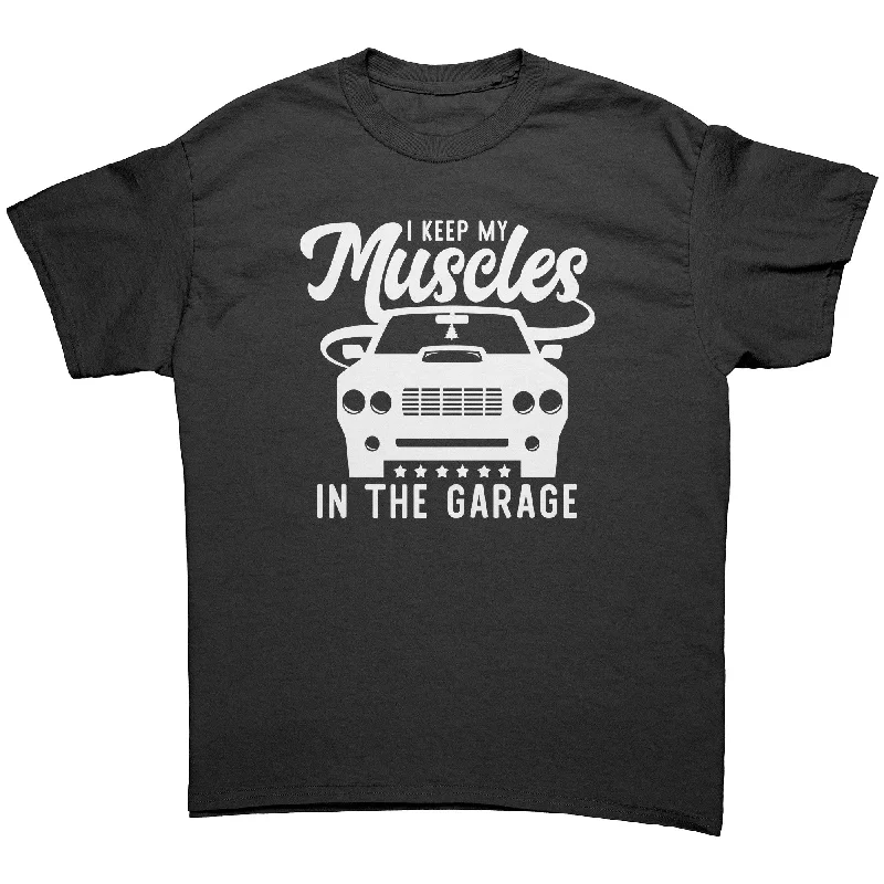 vintage logo v-neck t-shirts -I Keep My Muscles in the Garage Unisex T-Shirt