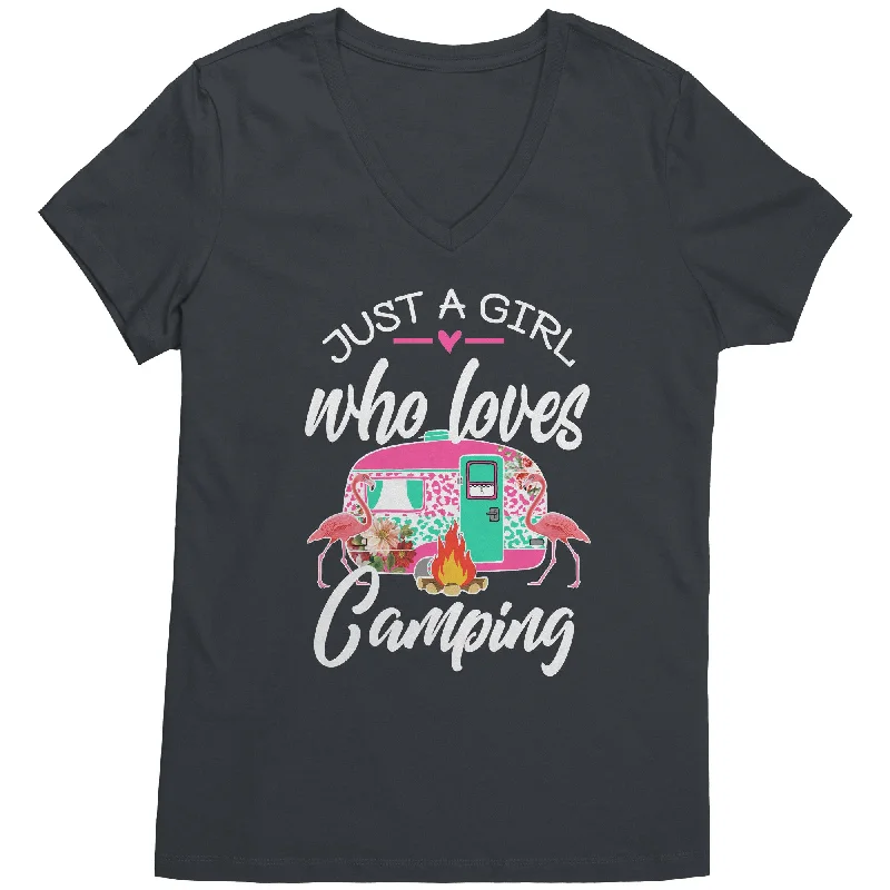 stylish short sleeve t-shirts -Just a Girl Who Loves CAMPING Women's V-Neck T-Shirt