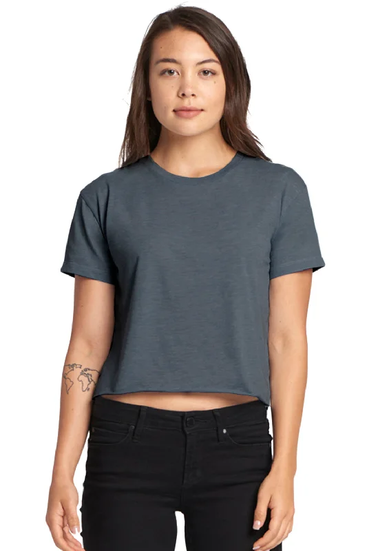 lightweight summer mock neck t-shirts -Next Level Womens Festival Cali Crop Short Sleeve Crewneck T-Shirt - Antique Denim Blue