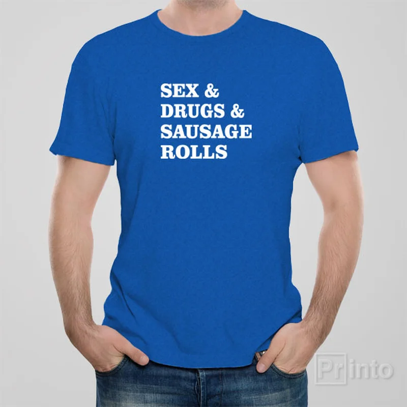 stretchy ribbed henley t-shirts -Sex and Drugs and Sausage rolls - T-shirt