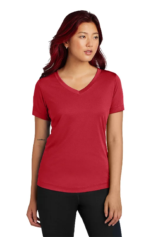 durable outdoor mock neck t-shirts -Sport-Tek Womens Competitor Moisture Wicking Short Sleeve V-Neck T-Shirt - Deep Red