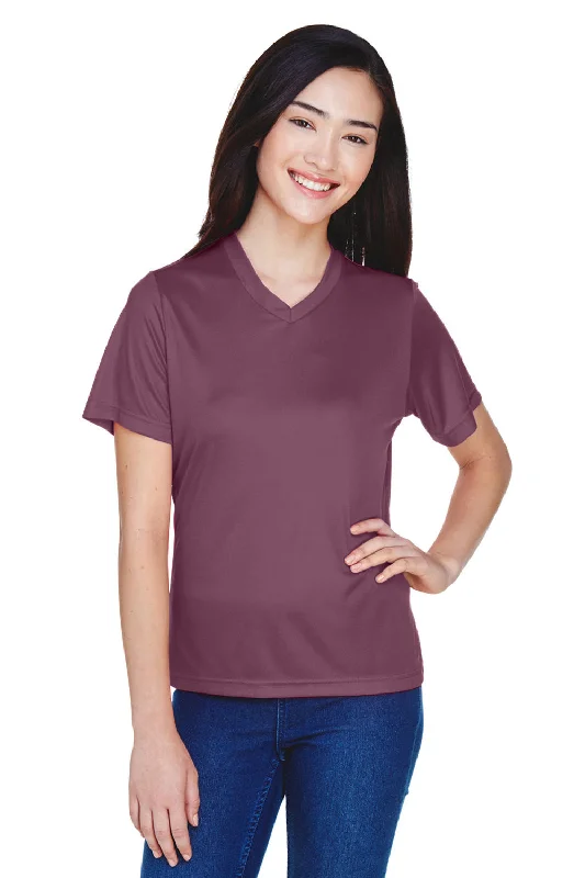 bold striped henley t-shirts -Team 365 Womens Zone Performance Moisture Wicking Short Sleeve V-Neck T-Shirt - Dark Maroon