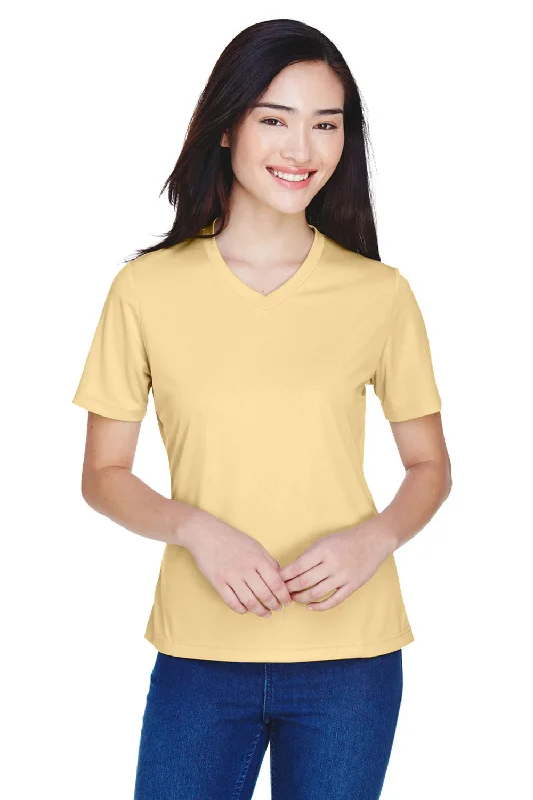 relaxed fit v-neck t-shirts -Team 365 Womens Zone Performance Moisture Wicking Short Sleeve V-Neck T-Shirt - Vegas Gold