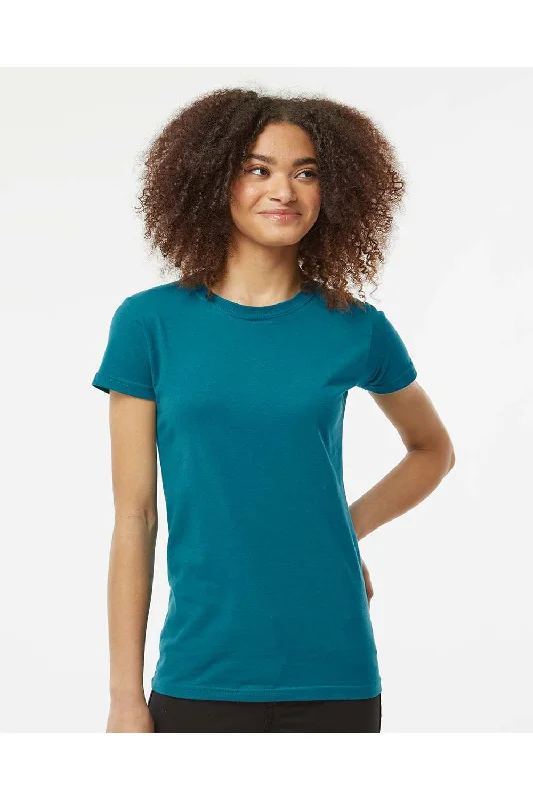 minimalist basic mock neck t-shirts -Tultex Womens Fine Jersey Slim Fit Short Sleeve Crewneck T-Shirt - Teal Blue