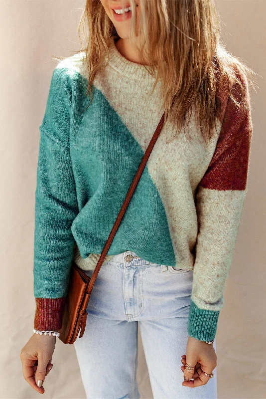 cropped plaid pullover sweaters -Color Block Round Neck Dropped Shoulder Pullover Sweater