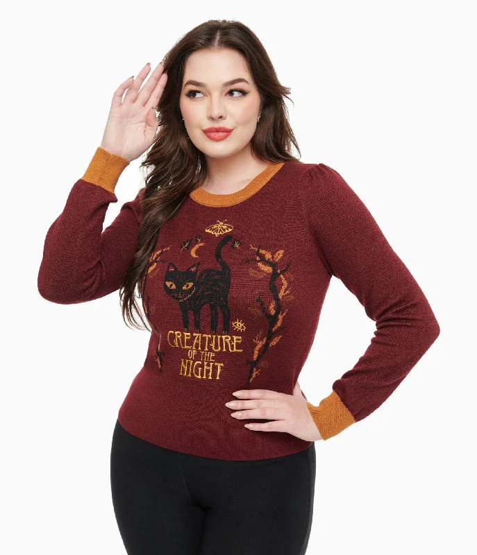 chunky pullover sweaters women -Disney Hocus Pocus Collection by Unique Vintage Burgundy Binx Hocus Pocus Embroidered Sweater