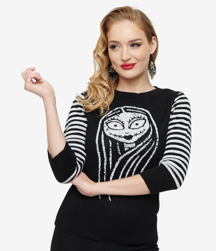 longline cashmere pullover sweaters -Tim Burton's The Nightmare Before Christmas by Unique Vintage Black & White Stripe Sally Minou Sweater