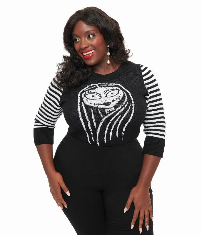 crew neck cashmere pullover sweaters -Tim Burton’s The Nightmare Before Christmas by Unique Vintage Plus Size Black & White Stripe Sally Minou Sweater