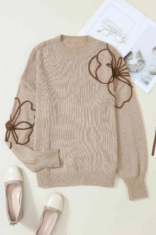 cable wool pullover sweaters -Floral Round Neck Drop Shoulder Sweater