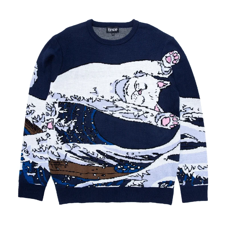 cropped wool pullover sweaters -Great Wave Sweater (Navy)