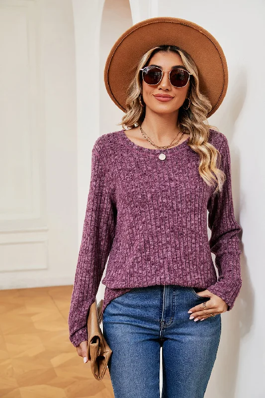 soft ribbed pullover sweaters -Heathered Round Neck Top