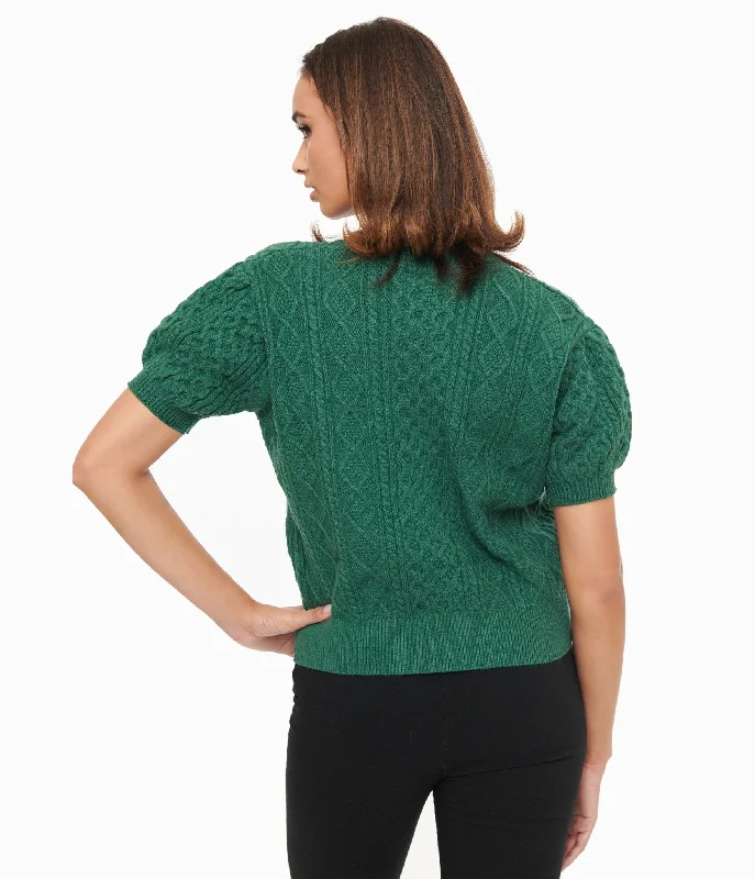 cotton mohair pullover sweaters -Hunter Green Cable Knit Short Sleeve Sweater